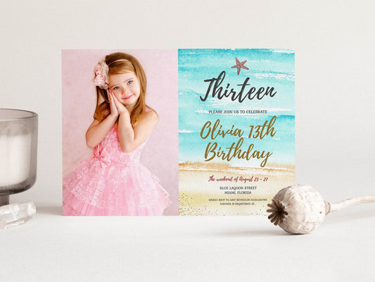 Watercolor Beach Birthday Invitation with Photo, Editable Printable Party Invite, Thirteen or Any Age Digital Download