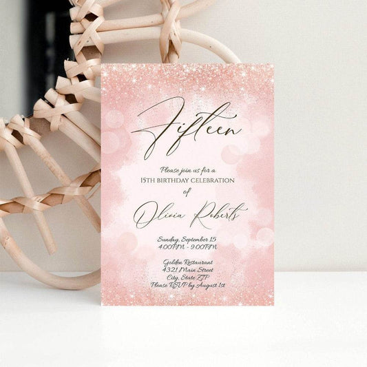 Luxury 15th Rose Gold Glitter Birthday Invitation Template – Editable Fifteen Printable Invite | Watercolor Birthday Card | 5x7 Instant Download