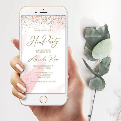 Rose Gold Hens Party Digital Invitation, Editable Hen Party Phone Evite, Mobile Text Message Invite, Instant Download Template