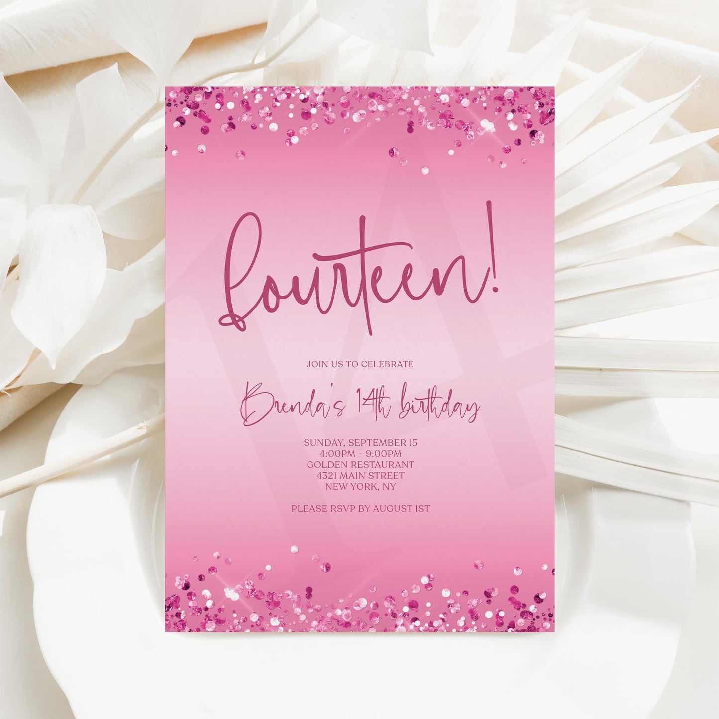 Pink 14th Birthday Invitation Template – Editable Hot Pink Fuchsia Teen Party Invite – Printable Girl Fourteen Birthday Card – Instant Download