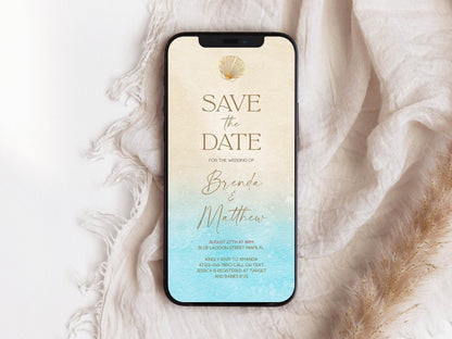 Digital Beach Save The Date, Electronic SMS Text Invite, Editable Save The Date Template, Phone Invitation, Instant Download DIY