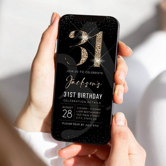 Digital 31st Birthday Invitation Template, Black Gold Party Evite, Editable 31st Birthday Mobile Phone Invite, Custom Electronic Modern Invitation