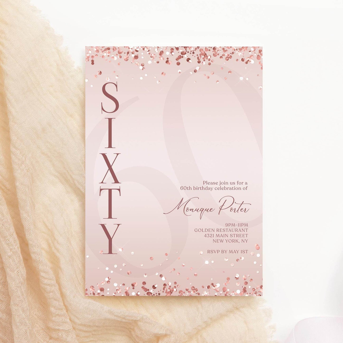 Pink Rose Gold 60th Birthday Invitation Template – Editable Surprise Party Invite – Printable Digital Sixty Birthday Evite – Email Text Message Download