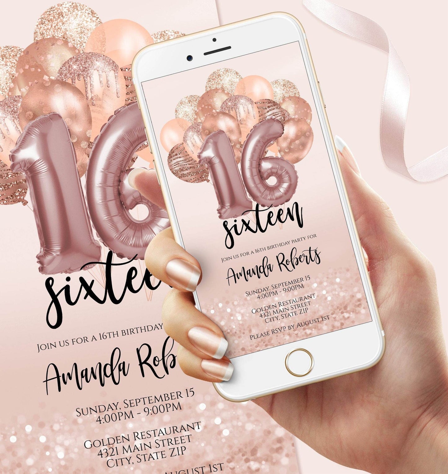 Sweet 16 Digital Birthday Invitation for Girl – Rose Gold Balloons Evite – Editable Pink 16th Birthday Template – Text Message Phone Invite