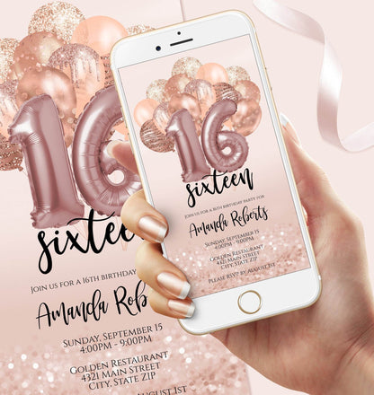 Sweet 16 Digital Birthday Invitation for Girl – Rose Gold Balloons Evite – Editable Pink 16th Birthday Template – Text Message Phone Invite