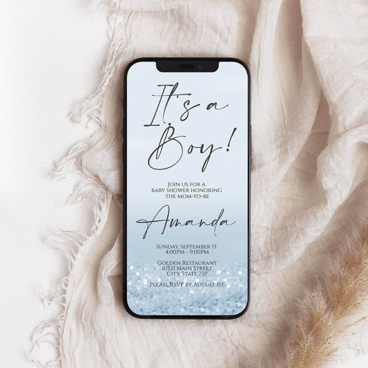 It’s a Boy Electronic Baby Shower Evite | Blue Confetti Text Message Invitation Template | Editable Digital Invite | Instant Download