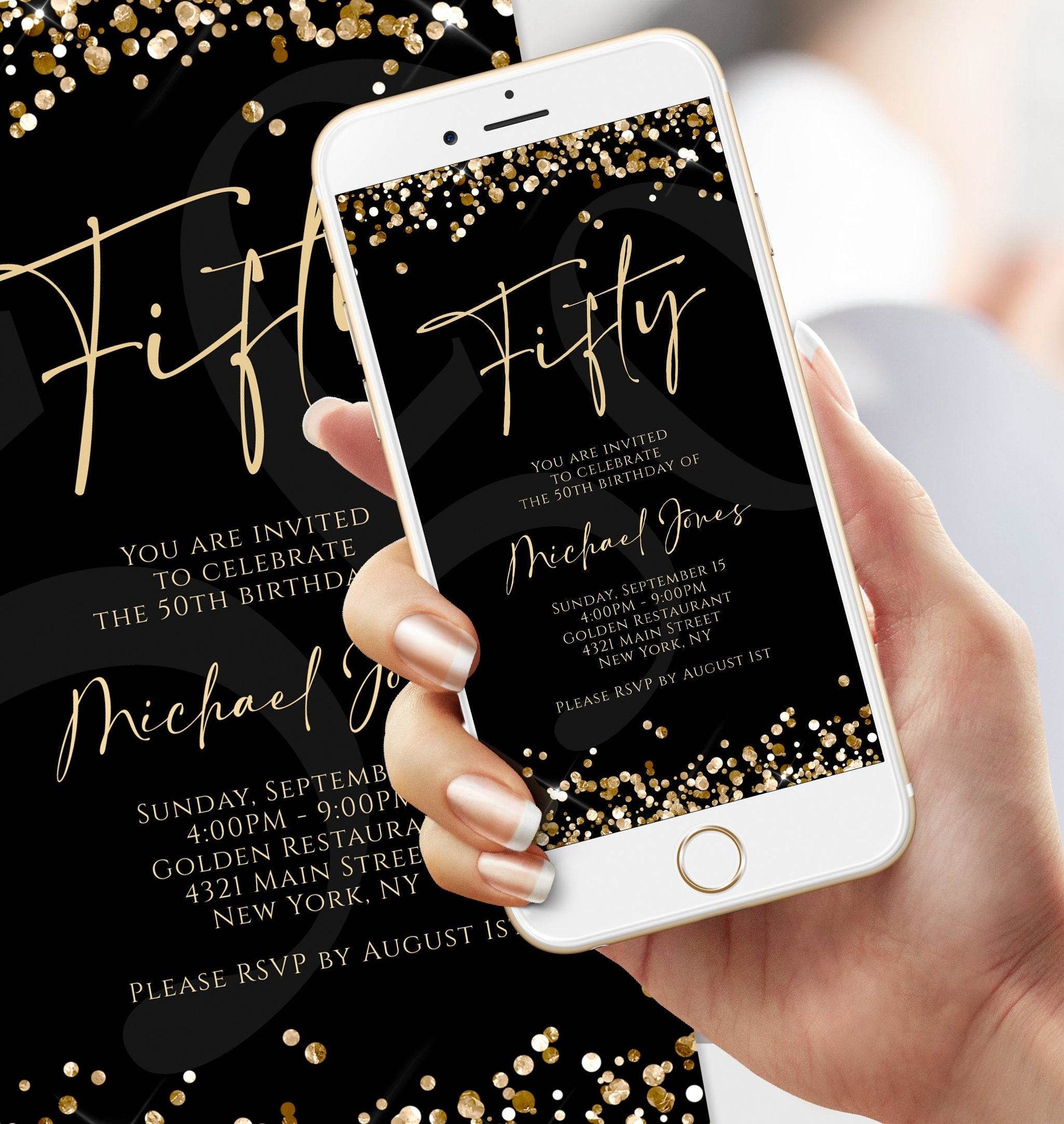 Digital Black Gold 50th Birthday Invitation Template, Editable Text Message Evite, Electronic Modern Fifty Birthday Party Invite
