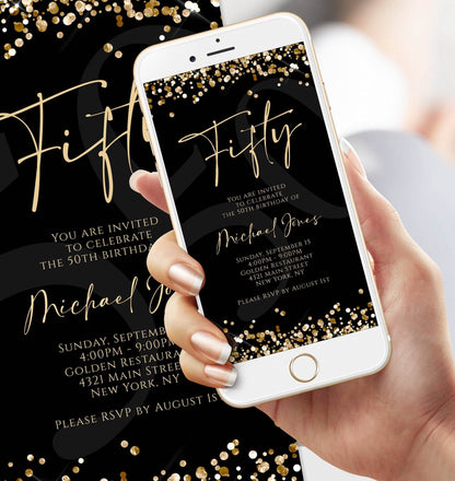 Digital Black Gold 50th Birthday Invitation Template, Editable Text Message Evite, Electronic Modern Fifty Birthday Party Invite