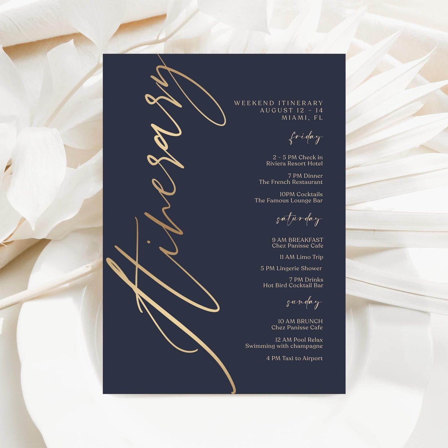 Navy Gold Weekend Itinerary Template, Editable Printable Birthday or Anniversary Weekend Schedule, Digital Events Itinerary, Instant Download, Email Text Message