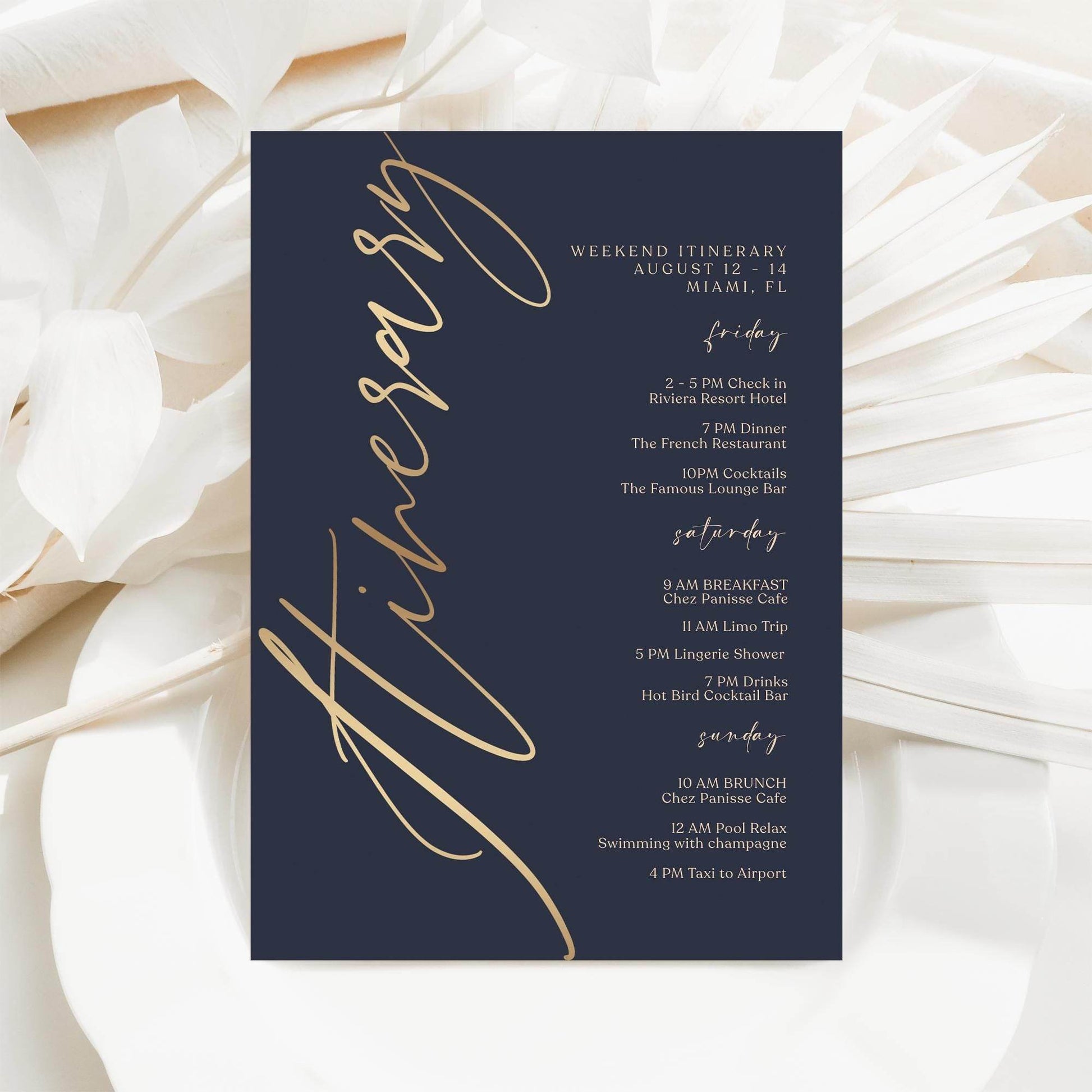 Navy Gold Weekend Itinerary Template, Editable Printable Birthday or Anniversary Weekend Schedule, Digital Events Itinerary, Instant Download, Email Text Message
