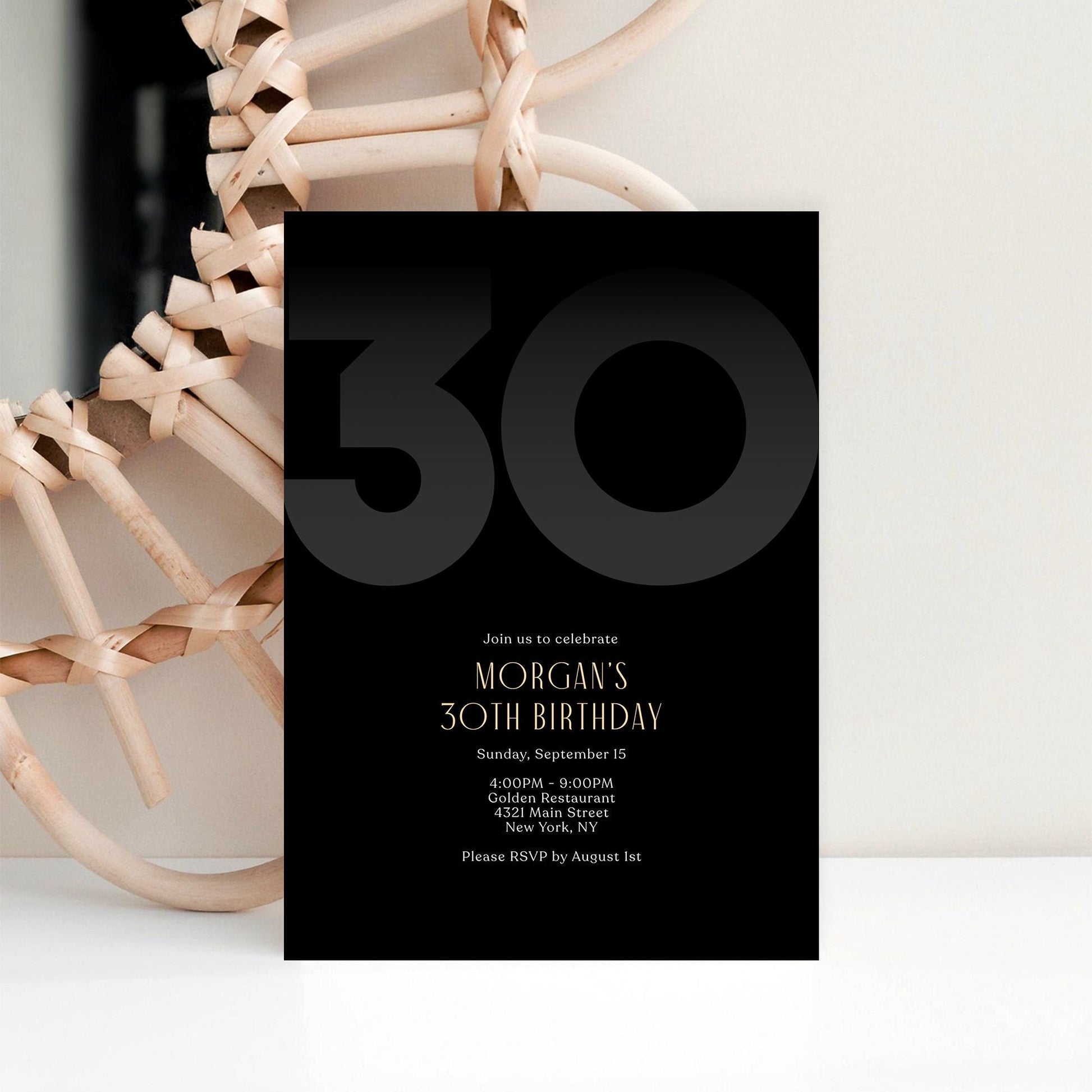Black 30th Thirty Birthday Invitation Template, Editable Modern Party Invite for Him, Printable Black Elegant Invitation, Instant Download