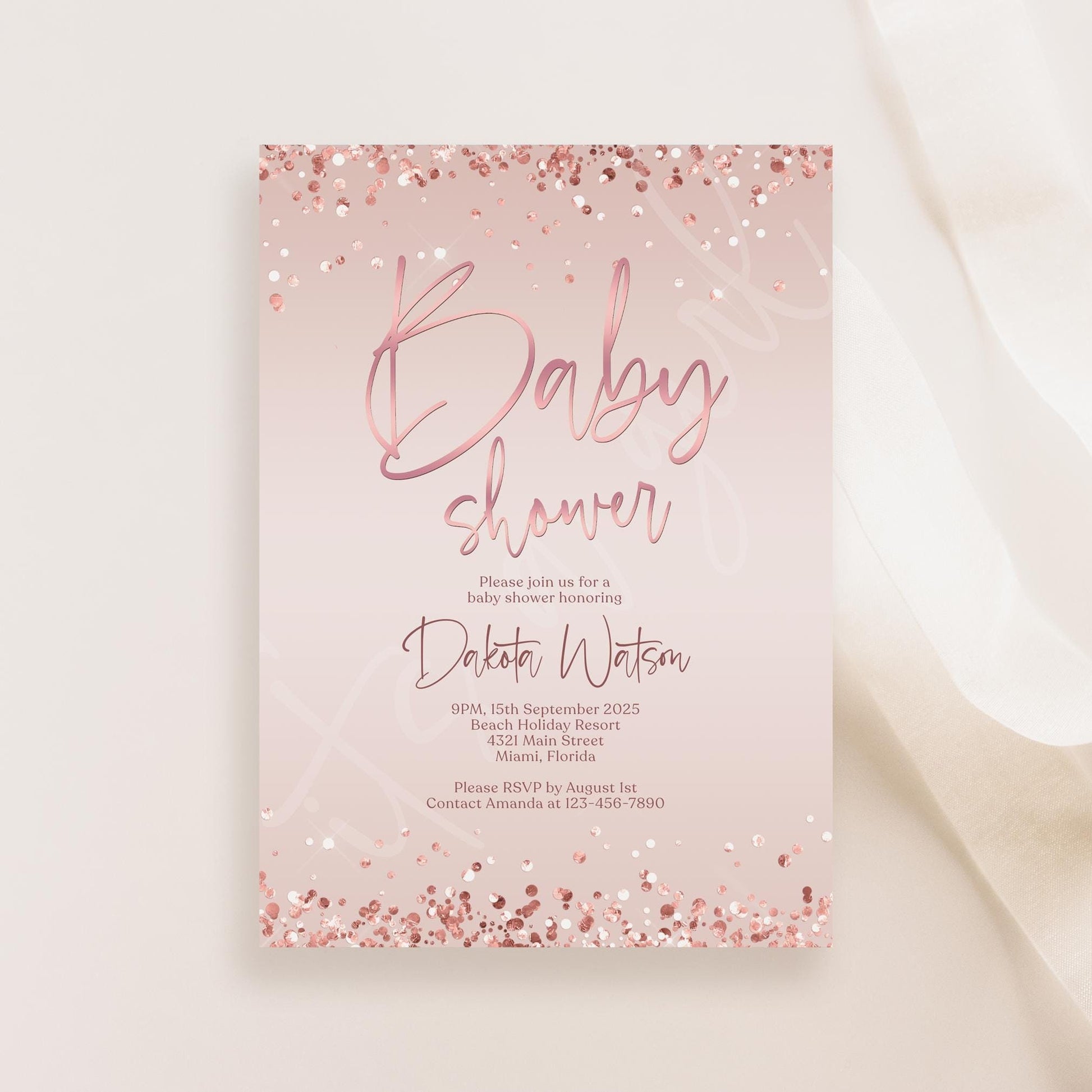 Printable Girl Baby Shower Invitation Template, Pink Rose Gold Confetti Baby Shower Invite, Editable Invitation, Digital Baby Shower Evite