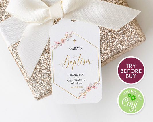 Floral Geometric Baptism Thank You Tags | Printable Favor Tags | First Communion & Christening | Boy & Girl Invitation | Instant Download