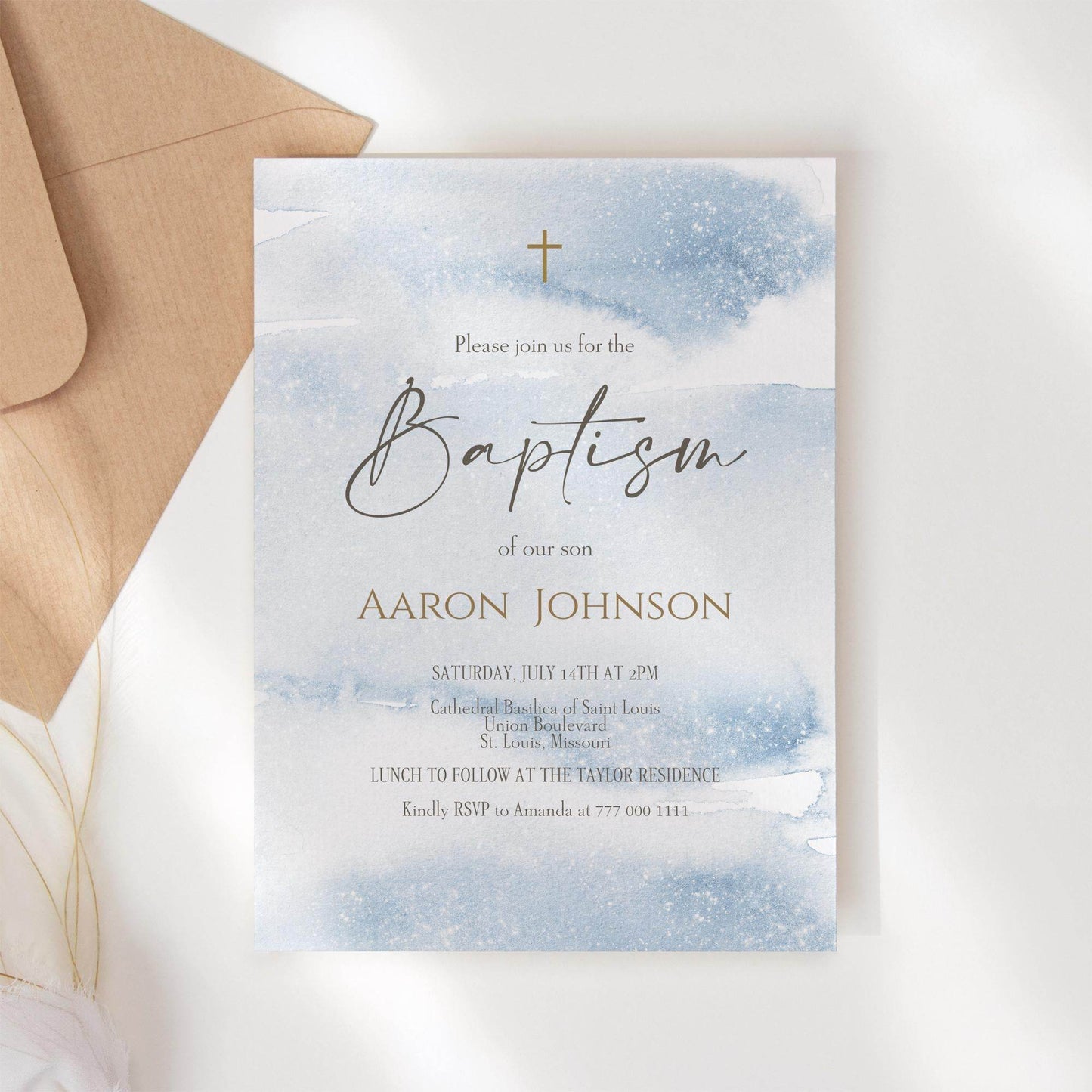 Boy Baptism Invitation Template Printable, Blue Watercolor Christening Invite, Editable Baptism Card, Email Text Message Digital Evite