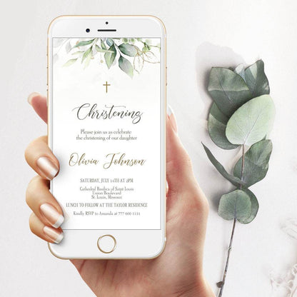Electronic Christening Invitation Template, Digital Phone Invite, Gold Greenery Botanical Christening Evite, Editable DIY Baptism Invitation