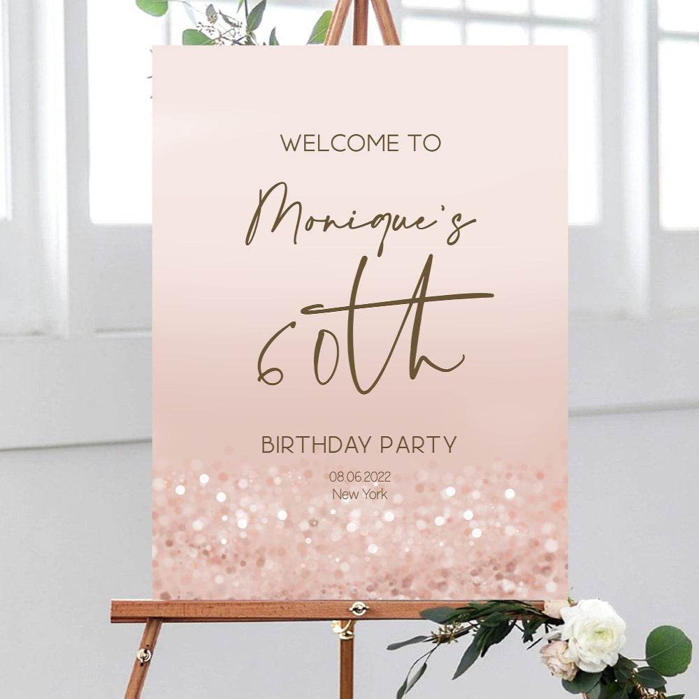Printable 60th Birthday Welcome Sign – Editable Rose Gold Pink Confetti Template – Modern Sixty Birthday Party Poster – Digital Welcome Board Download