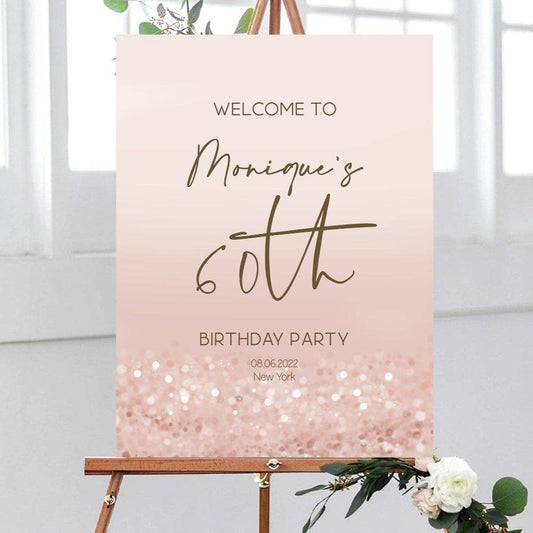 Printable 60th Birthday Welcome Sign – Editable Rose Gold Pink Confetti Template – Modern Sixty Birthday Party Poster – Digital Welcome Board Download