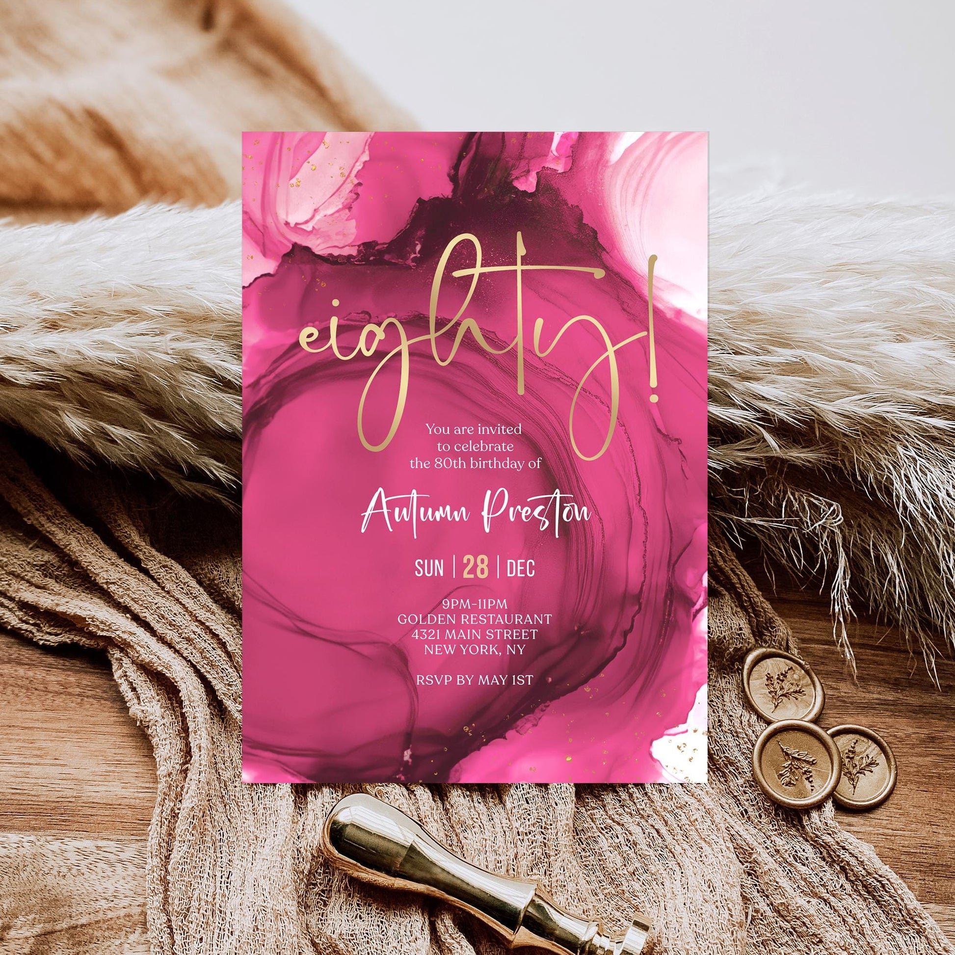 Fuchsia Pink and Gold 80th Birthday Invitation | Editable Surprise Party Invite Template | Printable Digital Download | Eighty Birthday Celebration