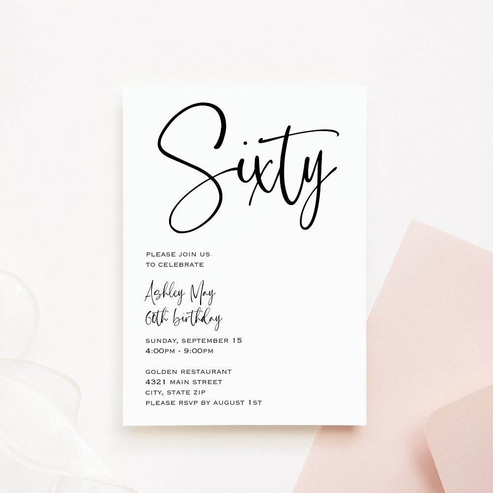 Simple 60th Birthday Invitation, Editable Sixty Birthday Invite, Printable Women’s or Men’s Birthday Party Invitation, Instant Download