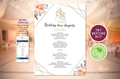Printable Agenda for Wedding Dress Shopping Invitation, Blush Geometric Floral Dress Shopping Agenda, Editable Invite, Instant Download DIY