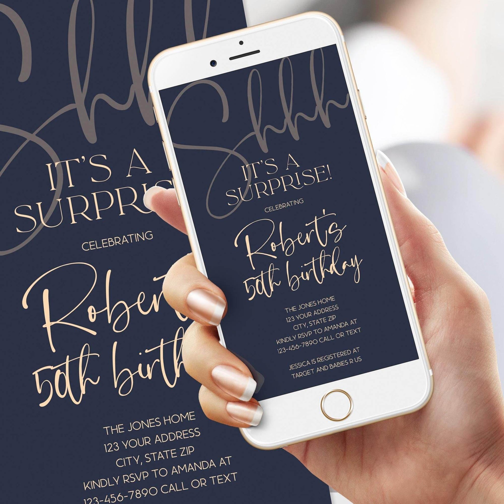 Surprise 50th Birthday Invite - Navy Gold Text Message Evite