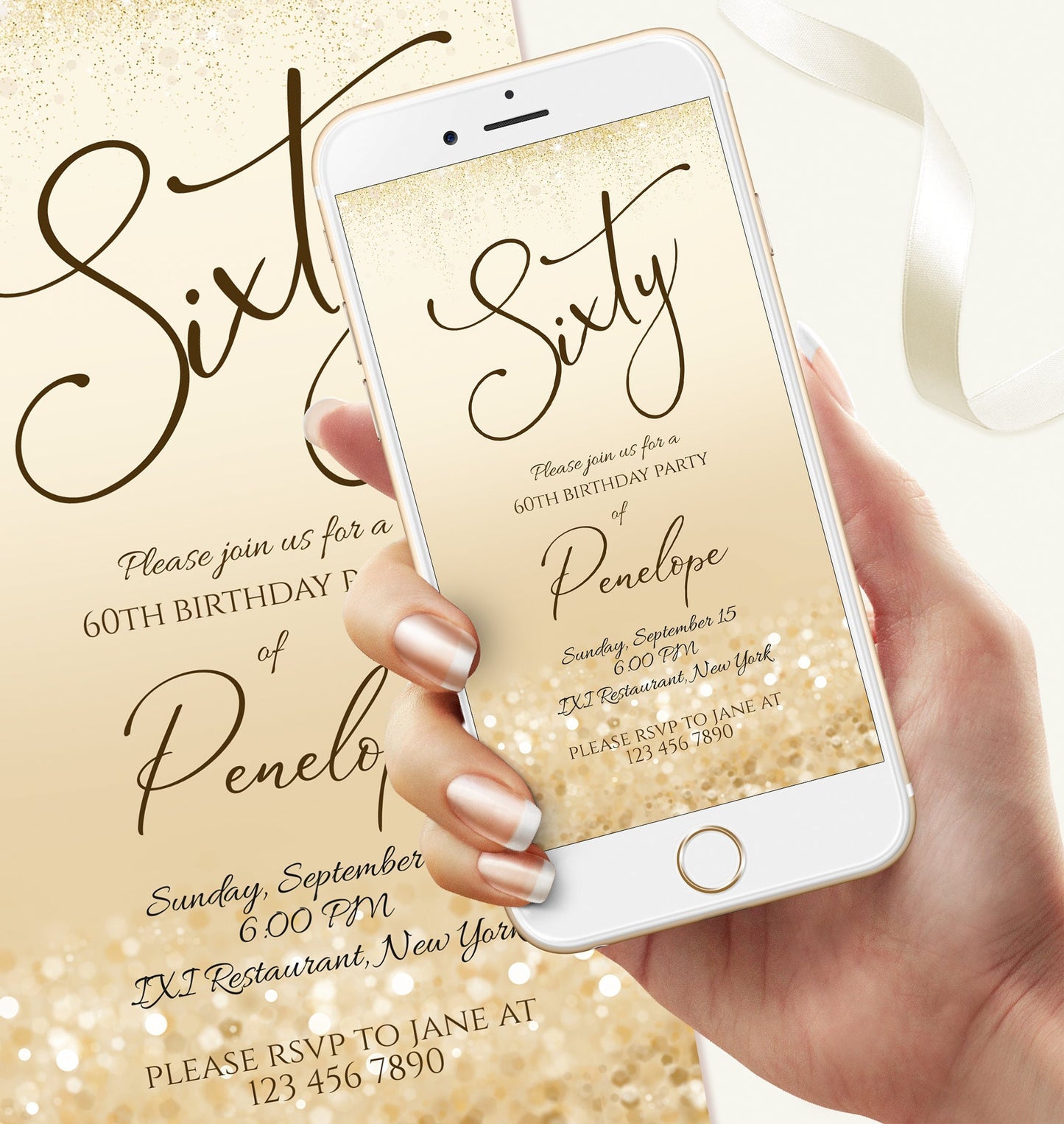 Digital 60th Sixty birthday text message invitation template, Editable Evite Gold birthday text invite, Digital invitation, Phone invitation