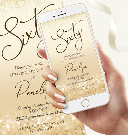 Digital 60th Sixty birthday text message invitation template, Editable Evite Gold birthday text invite, Digital invitation, Phone invitation
