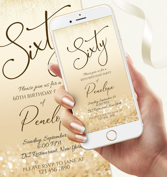 Digital 60th Sixty birthday text message invitation template, Editable Evite Gold birthday text invite, Digital invitation, Phone invitation
