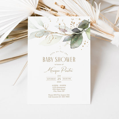 Editable Greenery Baby Shower Invitation Card Template, Printable Eucalyptus Baby Shower Invite, Email Text Message Evite Elegant Invitation