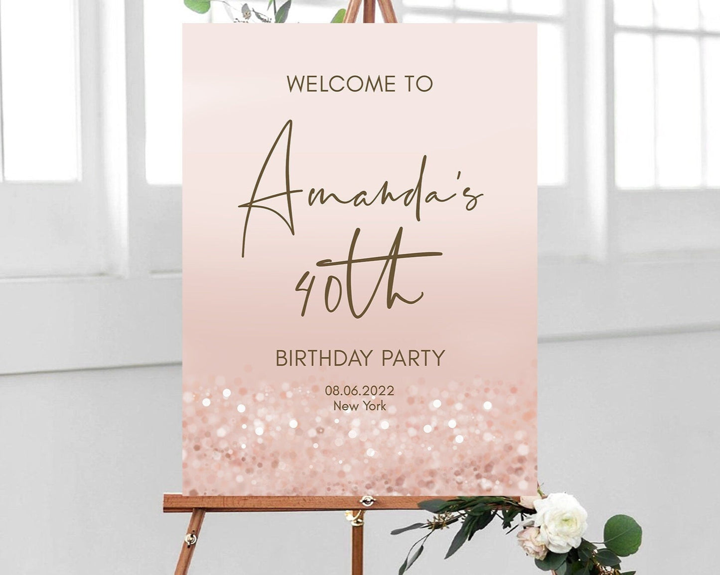Printable 40th Forty Birthday Party Welcome Sign, Editable Template, Modern Birthday Welcome Sign Template, Rose Gold Pink Confetti Board