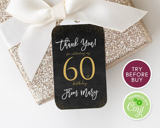 60th Birthday Favor Tags – Printable Black and Gold Confetti Thank You Tags | Personalized Any Age Birthday Party Tag | Editable DIY Instant Download