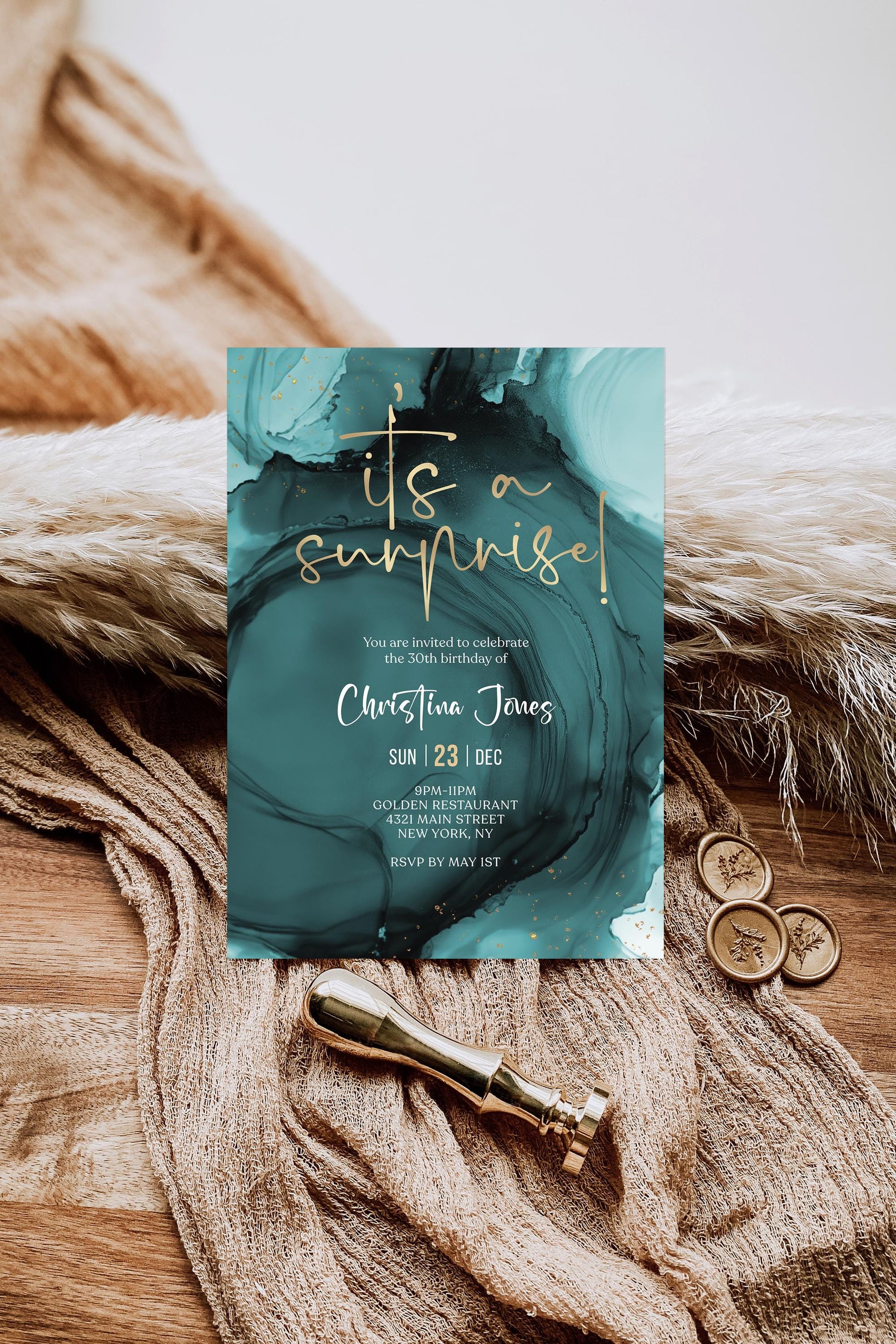 Teal Gold Birthday Surprise Party Invite Card, Editable Any Age Invitation Template, Printable Surprise Invitation Evite, Digital Download