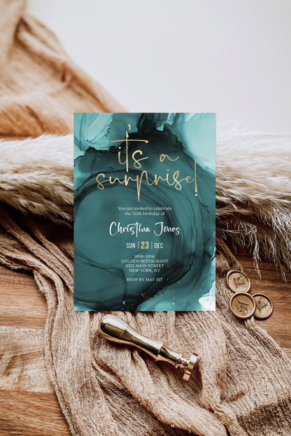 Teal Gold Birthday Surprise Party Invite Card, Editable Any Age Invitation Template, Printable Surprise Invitation Evite, Digital Download