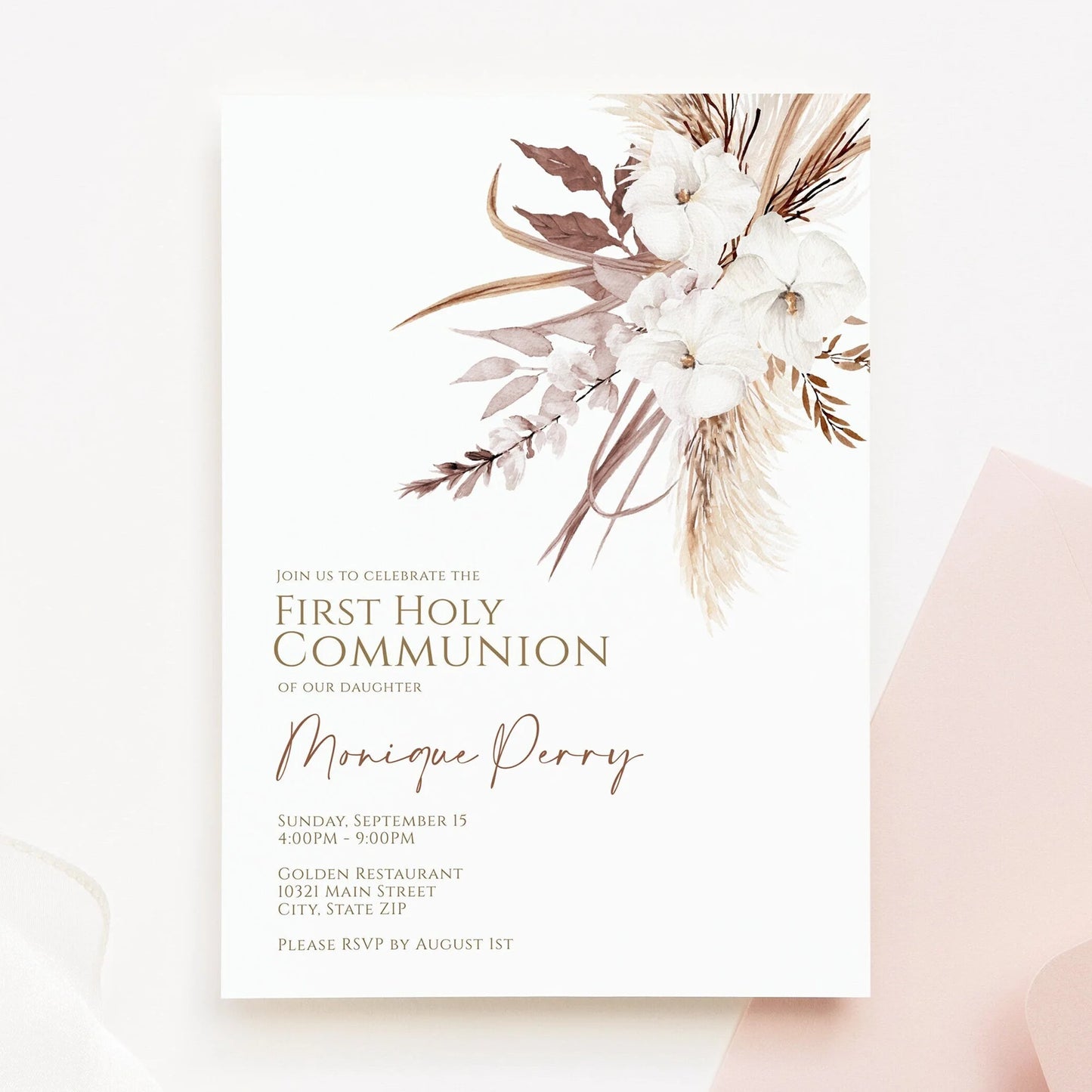 Boho First Communion Invitation, Boho Floral First Holy communion, Gender Neutral Baptism Invite, Dried Flower Invitation, Boho Invitation