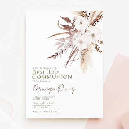 Boho First Communion Invitation, Boho Floral First Holy communion, Gender Neutral Baptism Invite, Dried Flower Invitation, Boho Invitation