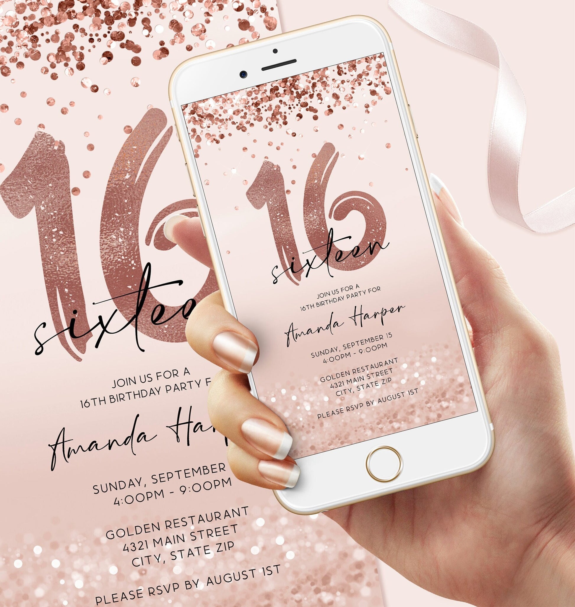 Electronic 16th Sixteen Birthday Invitation Template, Digital Rose Gold Foil Confetti Girl Party Editable Invite Evite, Email Text Message