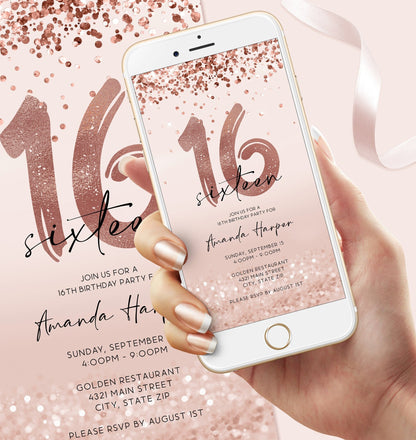 Electronic 16th Sixteen Birthday Invitation Template, Digital Rose Gold Foil Confetti Girl Party Editable Invite Evite, Email Text Message