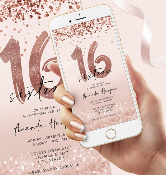 Electronic 16th Sixteen Birthday Invitation Template, Digital Rose Gold Foil Confetti Girl Party Editable Invite Evite, Email Text Message