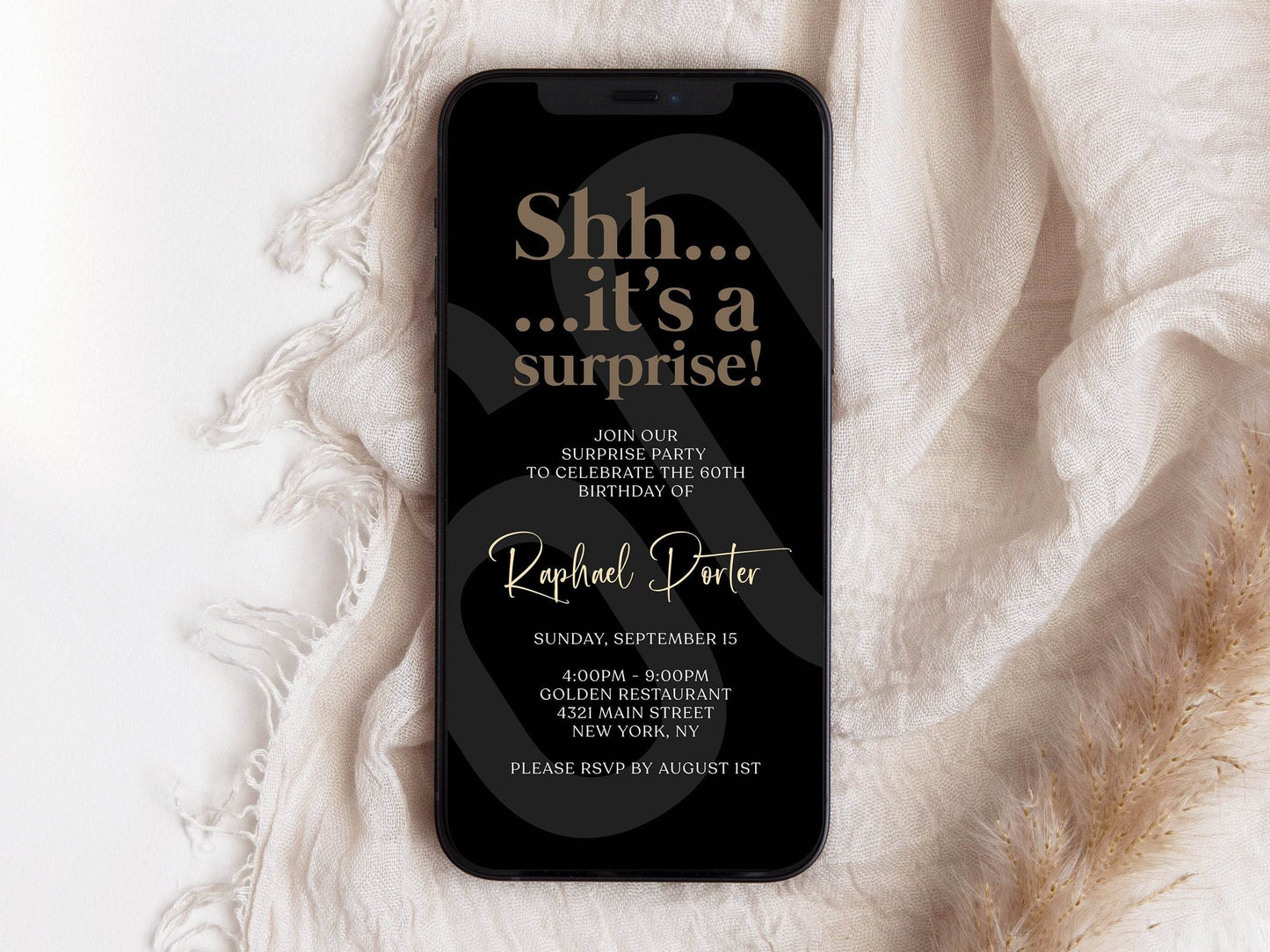 Digital Simple Shhh it's a surprise, Electronic 60th Sixty birthday text message invitation template, Minimalist Editable Birthday invite