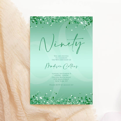 Printable Mint Green 90th Birthday Invitation Template | Editable Digital Mint Birthday Card for Women | Instant Download