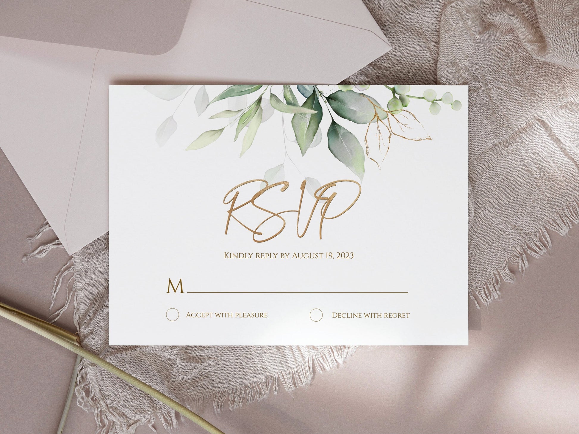 Printable Wedding Rsvp Cards, Birthday Rsvp Card Template, Eucalyptus Greenery Gold Foil, Editable DIY, Digital Template, Instant Download