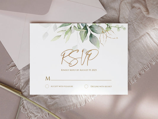 Printable Wedding Rsvp Cards, Birthday Rsvp Card Template, Eucalyptus Greenery Gold Foil, Editable DIY, Digital Template, Instant Download
