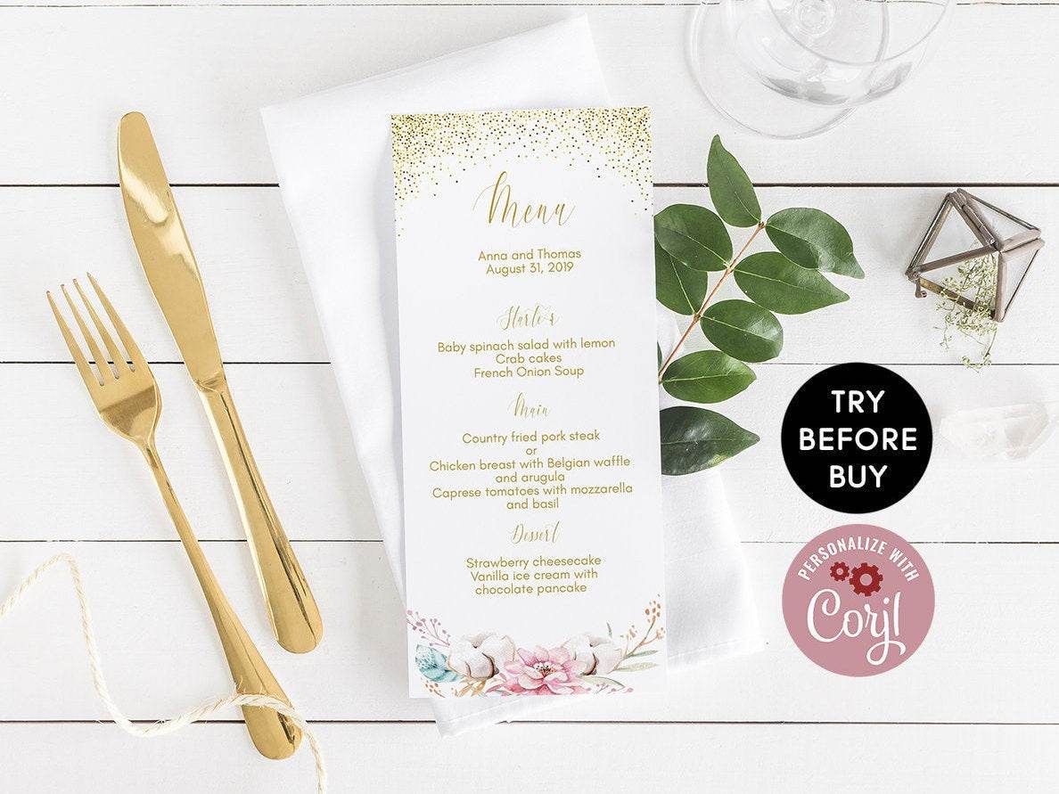 Floral Menu Card Template – Editable Wedding Menu Cards | 4x9 & 5x7 Printable Table Menu | Elegant Party Menu Template | Instant Download