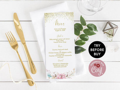 Floral Menu Card Template – Editable Wedding Menu Cards | 4x9 & 5x7 Printable Table Menu | Elegant Party Menu Template | Instant Download