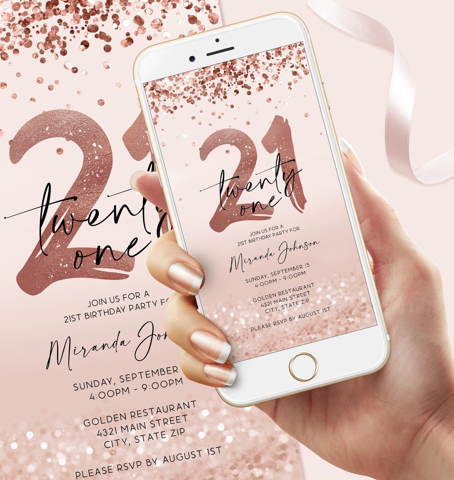 Electronic 21st Twenty One Birthday Invitation Template, Digital Rose Gold Foil Confetti Girl Party Editable Invite, DIY Text Message Evite