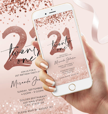 Electronic 21st Twenty One Birthday Invitation Template, Digital Rose Gold Foil Confetti Girl Party Editable Invite, DIY Text Message Evite