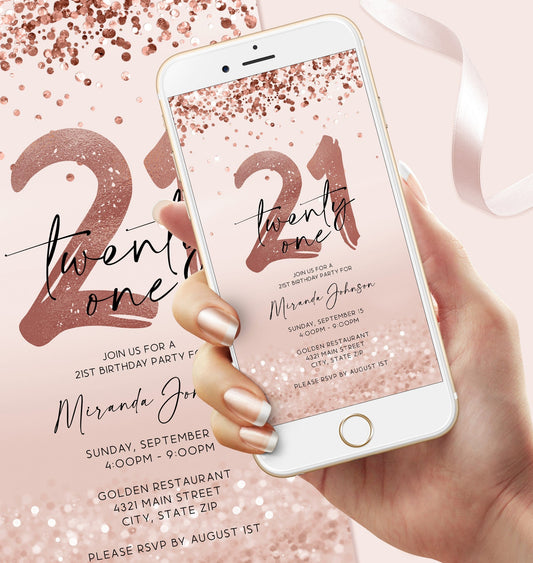 Electronic 21st Twenty One Birthday Invitation Template, Digital Rose Gold Foil Confetti Girl Party Editable Invite, DIY Text Message Evite