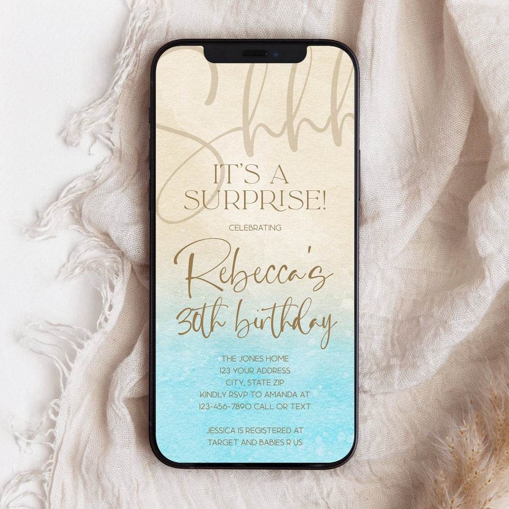 Beach Party 30th Birthday Digital Invitation | Surprise Editable Phone Evite | Text Message Template | Shhh It's a Surprise | Mobile Birthday Invite