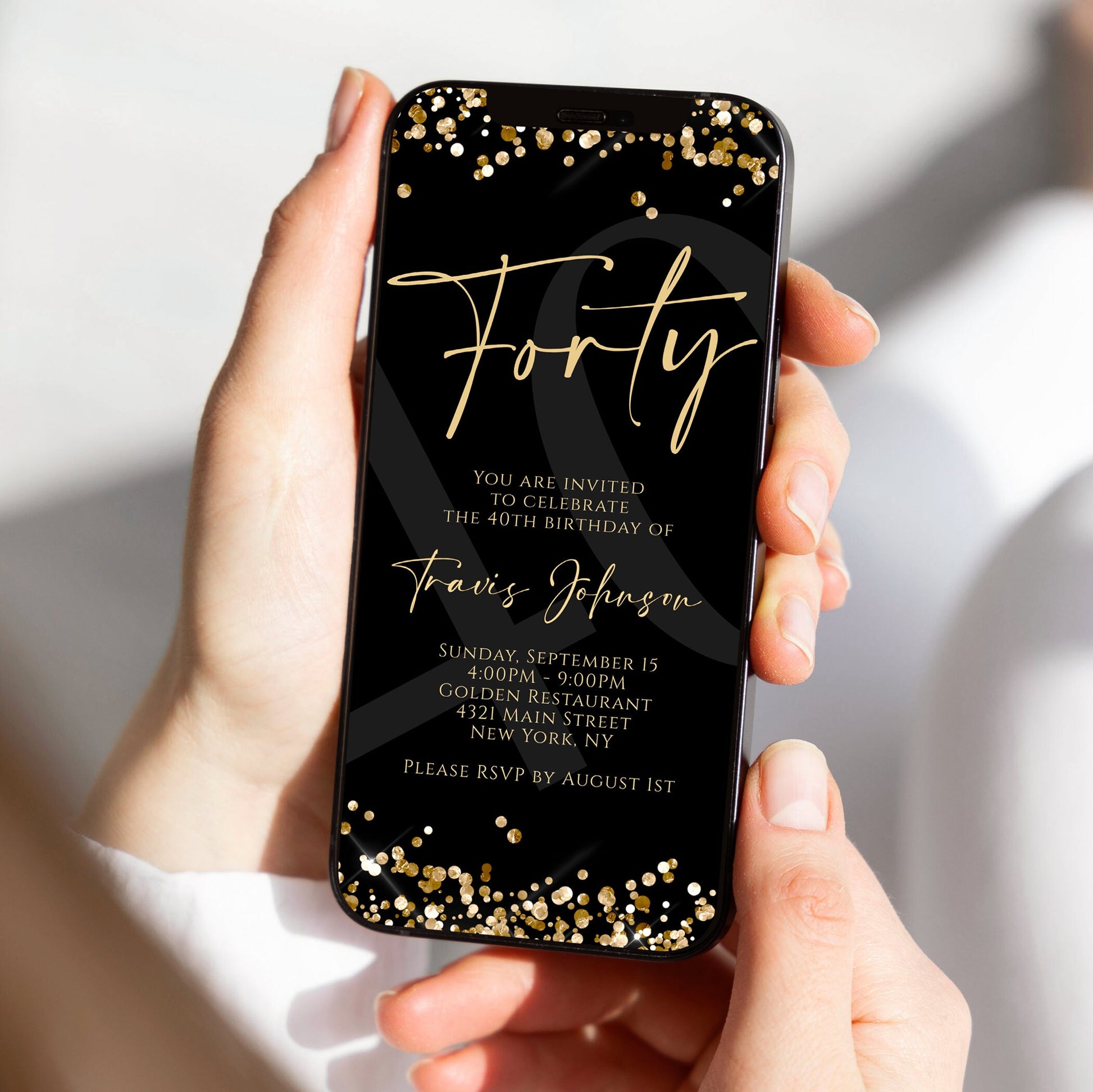 Digital Black Gold Forty 40th Birthday Invitation Template, Electronic Birthday Invite, Editable Text Message Evite, Modern Black Invitation