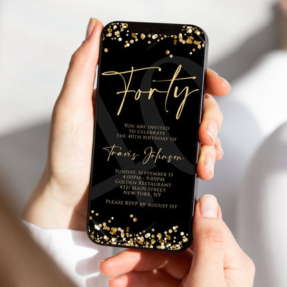 Digital Black Gold Forty 40th Birthday Invitation Template, Electronic Birthday Invite, Editable Text Message Evite, Modern Black Invitation